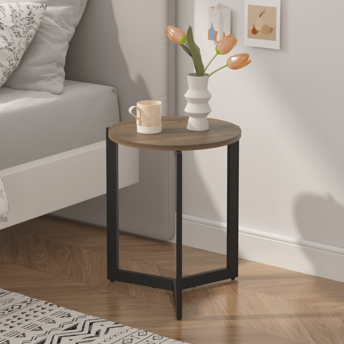 Round Side Table with Metal Frame – Brown - Storehouse Essentials