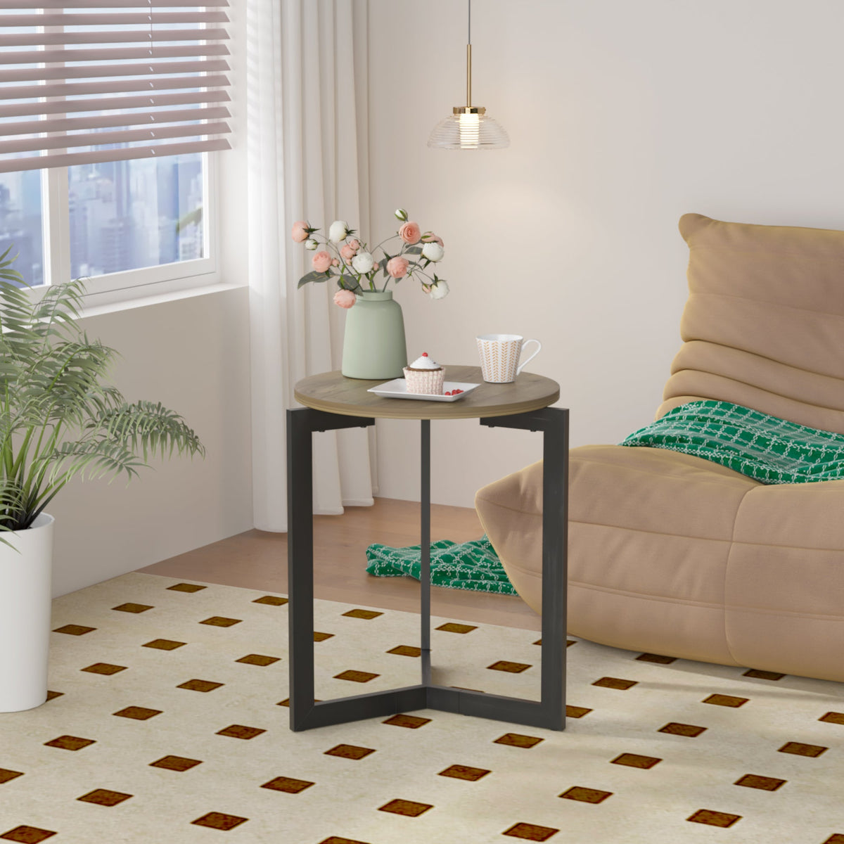 Round Side Table with Metal Frame – Brown - Storehouse Essentials