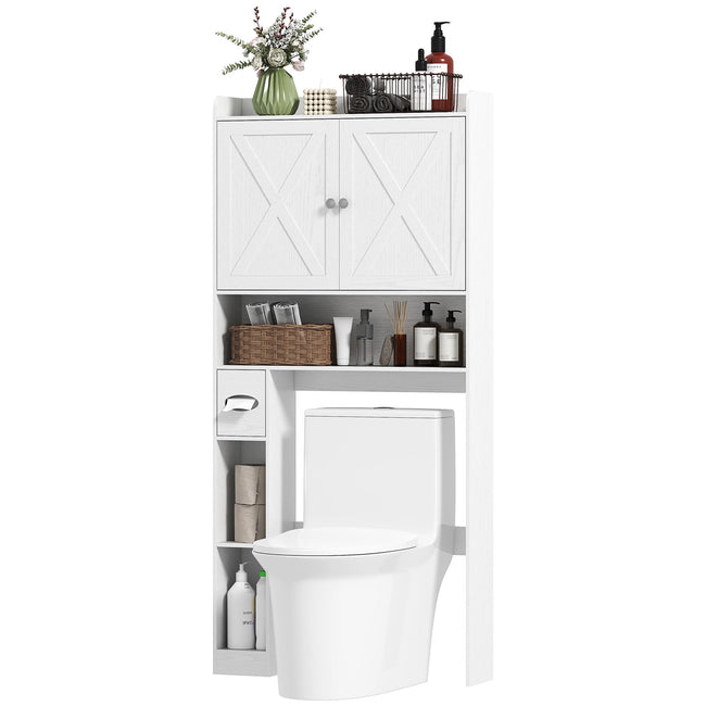 Chic Farmhouse Over - the - Toilet Cabinet in White with Barn Doors and Versatile Storage - Storehouse Essentials